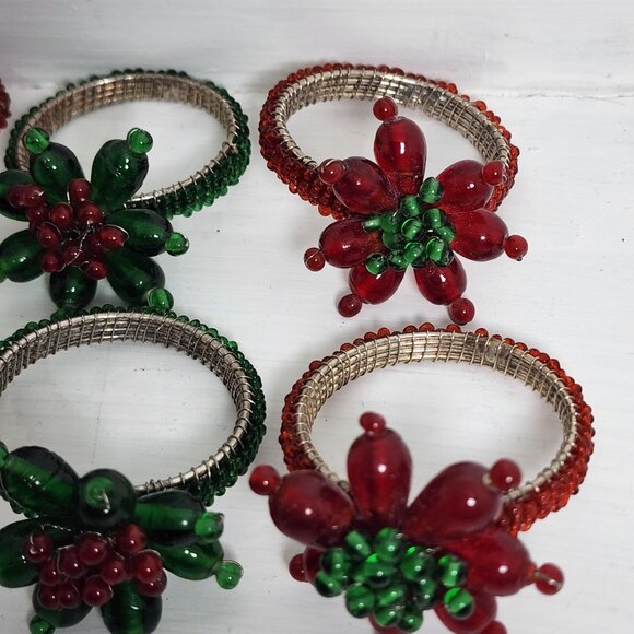 6 Red Green Glass Beaded Napkin Rings Holders Floral Set vtg holiday Christmas - Picture 6 of 11